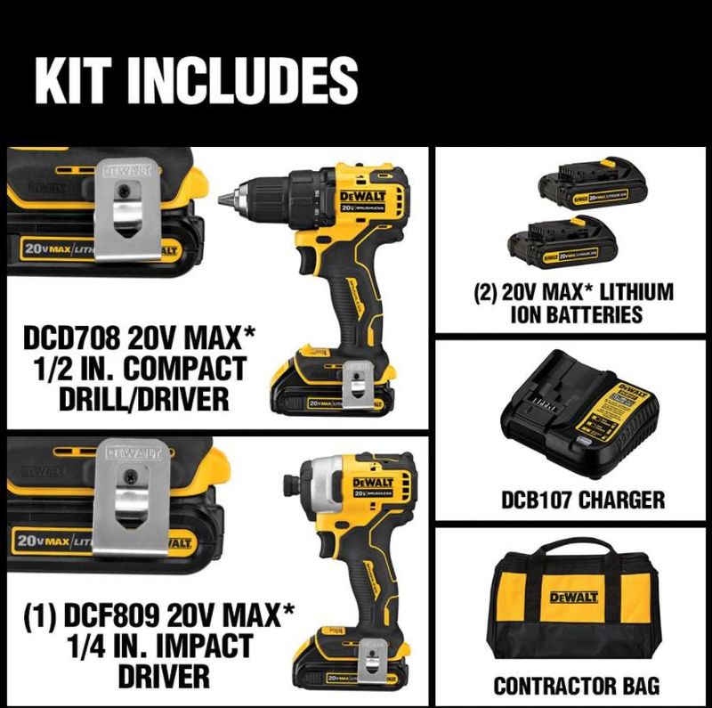 20-Volt MAX Cordless Brushless Compact Drill/Impact Combo Kit (2-Tool) with (2) 1.3Ah Batteries, Charger & Bag - Image 2